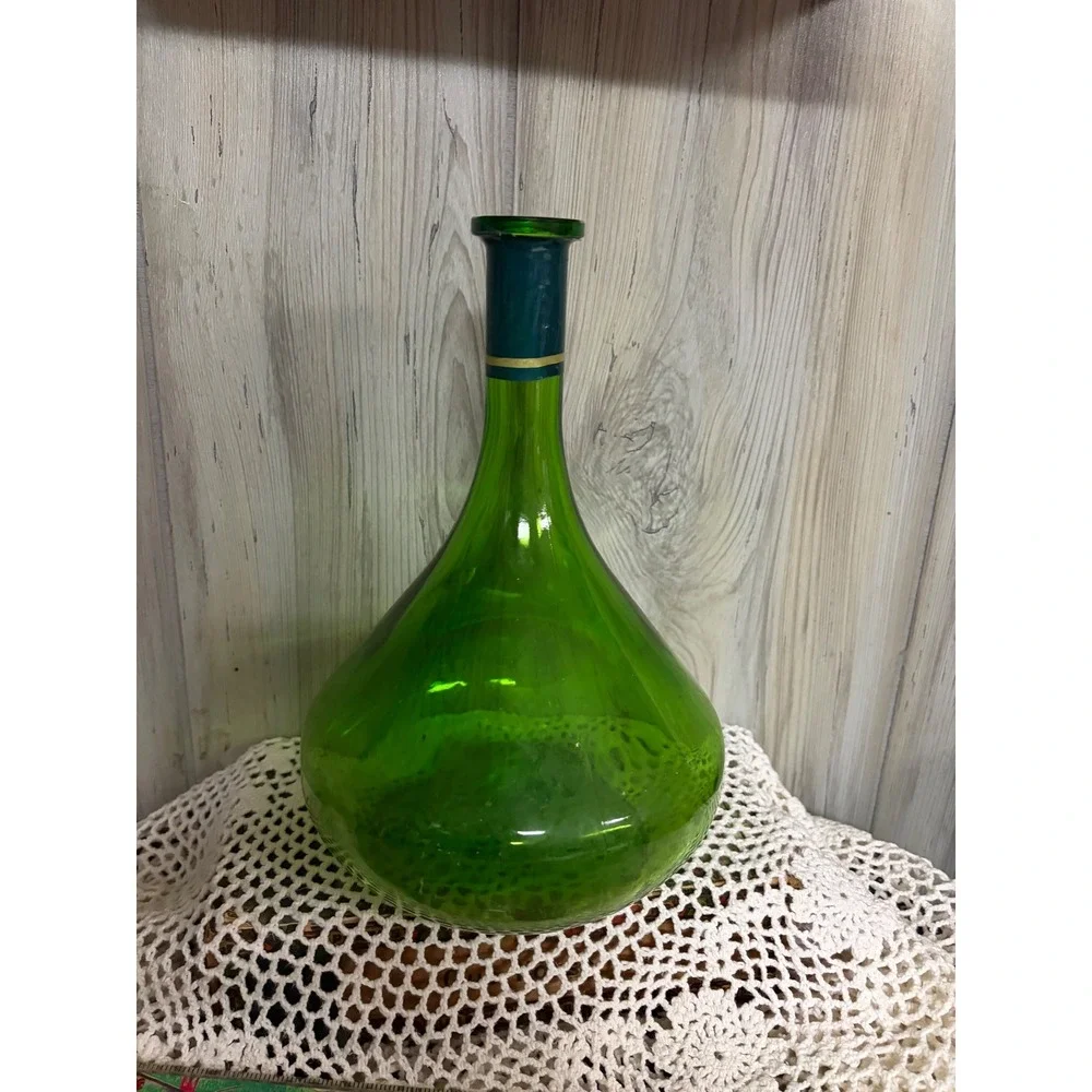 Vintage Green Glass Decanter Bottle Bulbous Vase Mid Century Decor 11.5 Inch